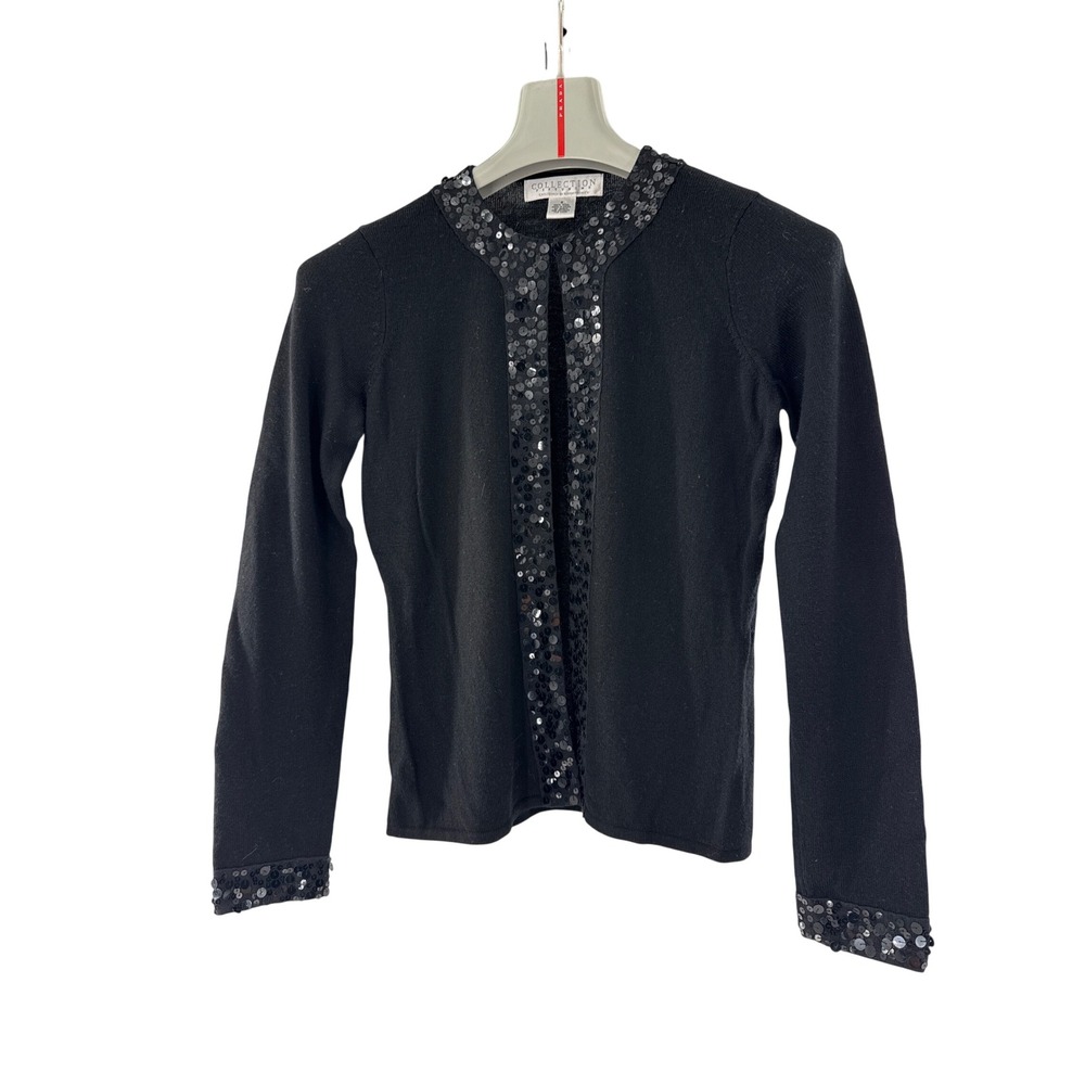 Collection Fifty Nine Cardigan Women S Black Sequin Trim Wool Open Front Sweater